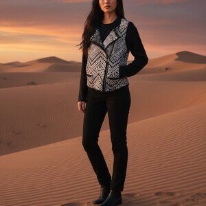 Lucky Brand Black White Aztec Moto Zip Boho Cardigan Sweater Womens Size Medium